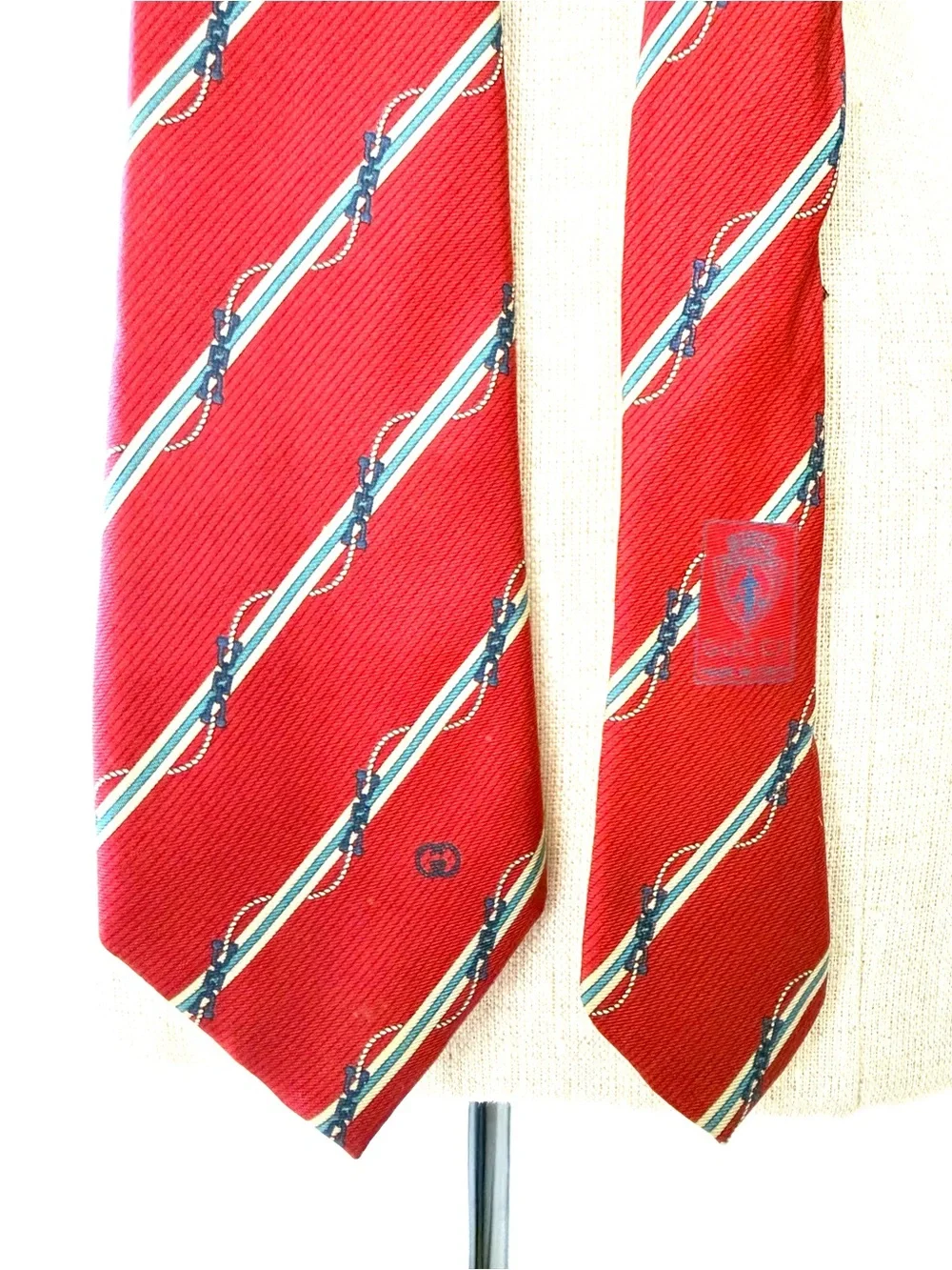 GUCCI Vintage Silk Tie Red Diagonal Stripe Nautical Rope Interlocking GG 80s